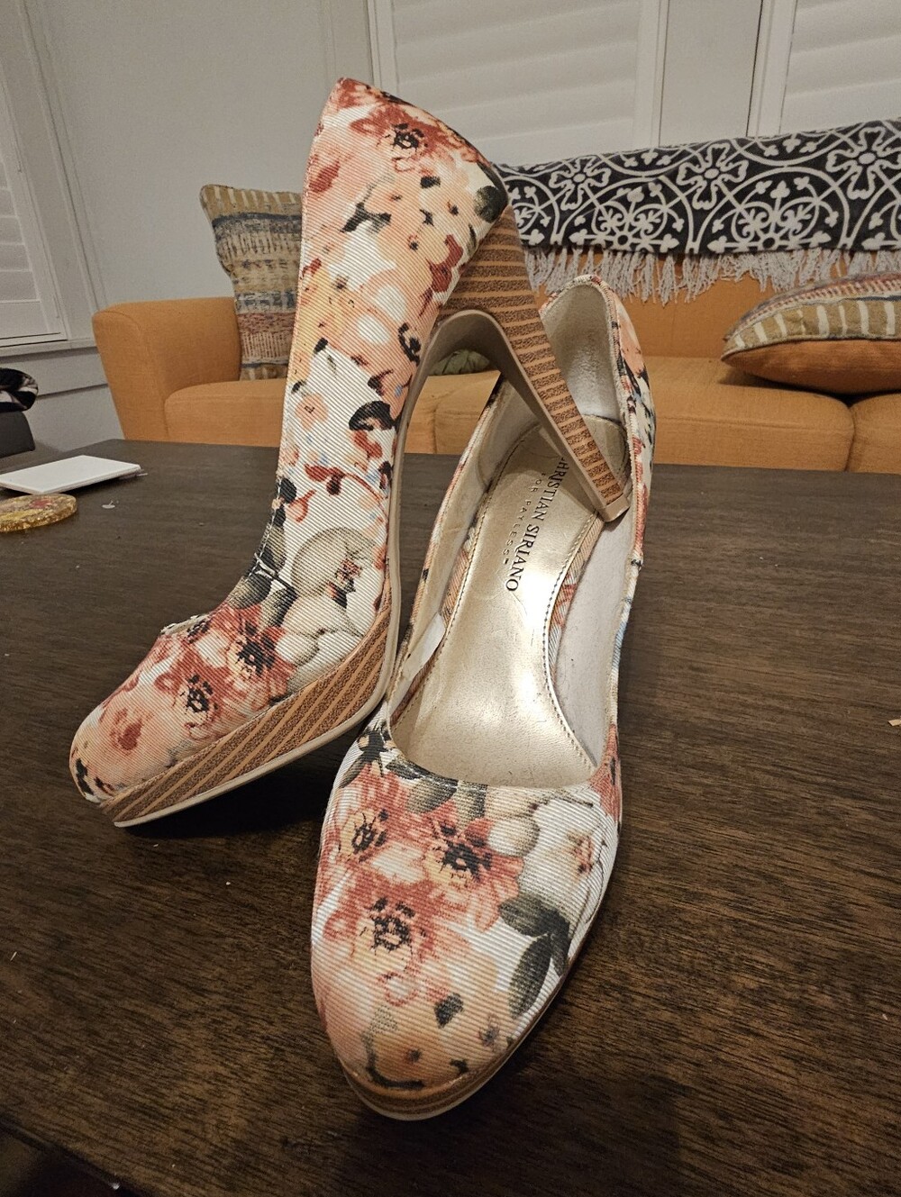 Christian Siriano Floral Corduroy Platform Pumps in Orange, Cream and Black